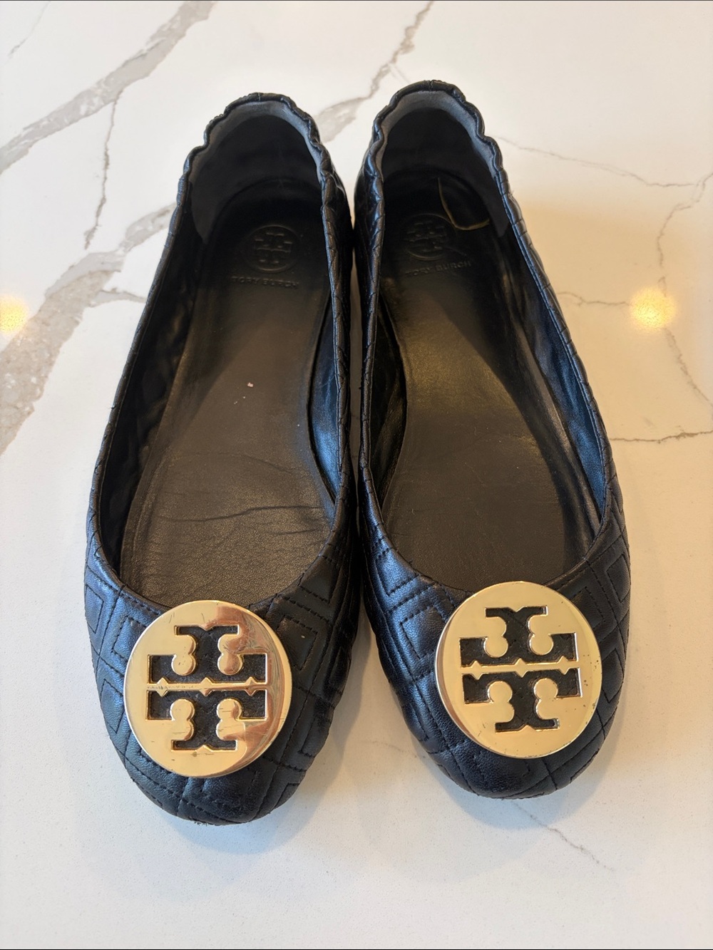 Tory Burch Black Quilted Leather Flats with Gold Logo Size 9.5